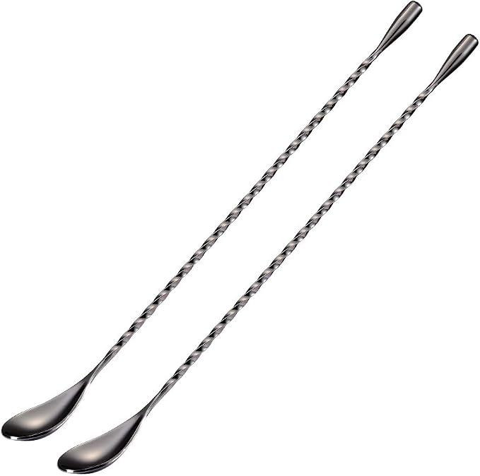Bar Spoon Cocktail Mixing Stirrers, 2Pcs, 12” Long Handle, Black | 18/8 Stainless Steel, Long Drink Spoons, for Stirring Coffee & Cocktails