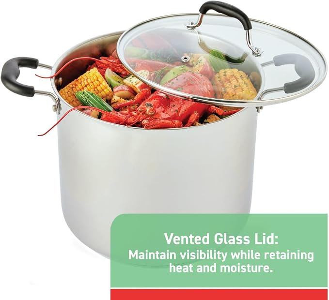 T-fal Specialty Stainless Steel 12 qt Stock Pot with Lid, Induction | 3-ply aluminum core, Silicone handles, Tempered glass vented lid, Oven safe to 350 deg F, Boiling, braising, and soup cooking