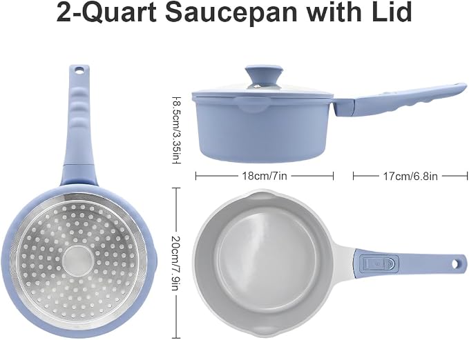 AIKENBBKK Sauce Pan with Lid, 2 Qt Ceramic Saucepan with Lid, Non Stick Sauce Pan, Milk Pot & Sauce Pot & Saucepan with Pour Spout, Detachable Handle Milk Pan, Induction Compatible, Oven Safe, Blue