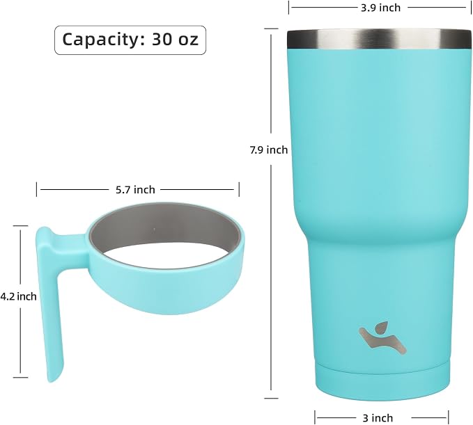 Konokyo 30 oz Tumbler with Handle and Straw, Insulated Travel Mug | Turquoise; BPA-free, leak-proof tumbler with 2 lids, 2 straws, cup holder fit for coffee, office, travel & daily use