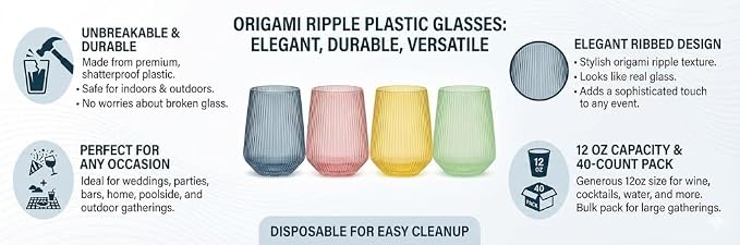 40 Pack Disposable Stemless Plastic Wine Glasses 12 oz - Origami Ribbed Shatterproof Reusable BPA-Free Recyclable Unbreakable Cocktail Cups, Champagne Wedding Birthday Party, Oojami (Color Collection)