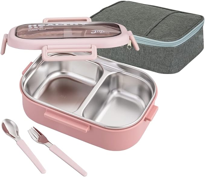 Lille Home 28oz Stainless Steel Leakproof 2-Compartment Bento Lunch Box | Portion Control Metal Lunch Box Food Container with Lunch Bag and Cutlery Set, BPA Free (Pink)