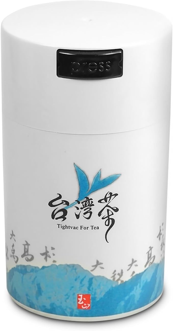 Teavac 6-Ounce Vacuum Sealed Tea Storage Container, White Cap and Body/Blue Tea Sign