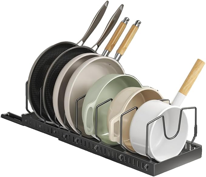 pots and pans organizer under cabinet,pot lid organizers inside cabinet holders for kitchen,Horizontal and vertical pulling modes,cast iron storage (Black Vertical pull-out)