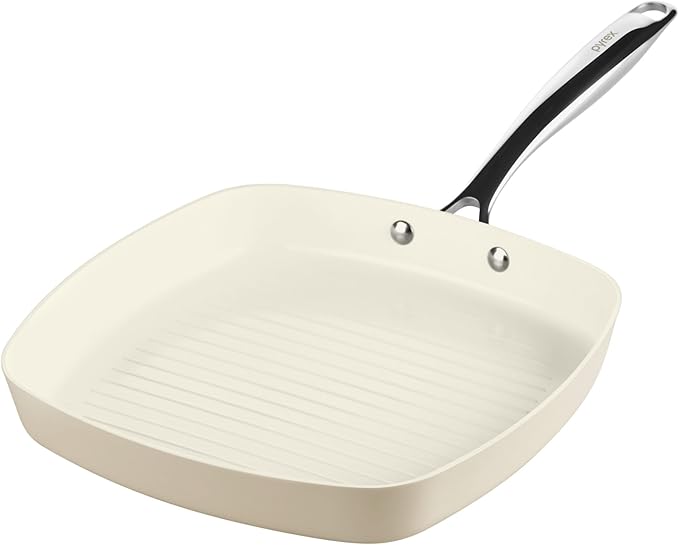 Pyrex 11-Inch Grill Pan Ceramic Cookware with Stainless Steel Handles | Healthy nonstick ceramic coating, induction compatible stainless steel, PFAS Lead Cadmium BPA Free