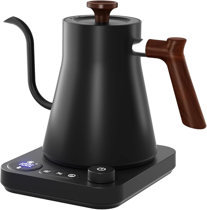 Gooseneck Electric Kettle, Black, 0.9L | ±1℉ Temperature Control, 304 Stainless Steel, Ultra-Quiet, Auto Boil Detection, 8 Safety Protections & Memory Function