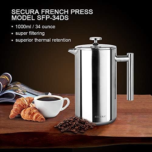 Secura Bundle Stainless Steel French Press Coffee Maker with 6 Replacement Screens, 34 Ounces, Silver