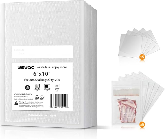 Wevac Vacuum Sealer Bags 6x10" 200 Pint for Food Saver, Suction Channel