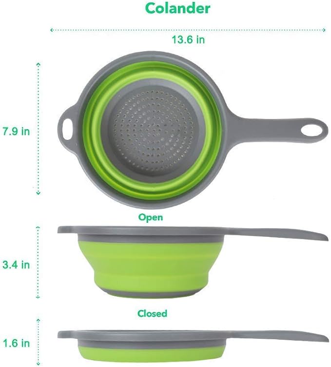 Foldable Silicone Strainer Colanders with Handles, Green and Red, 2 Pack | Collapsible Colanders, Space-Saver Folding Strainer, for Draining Pasta, Vegetable