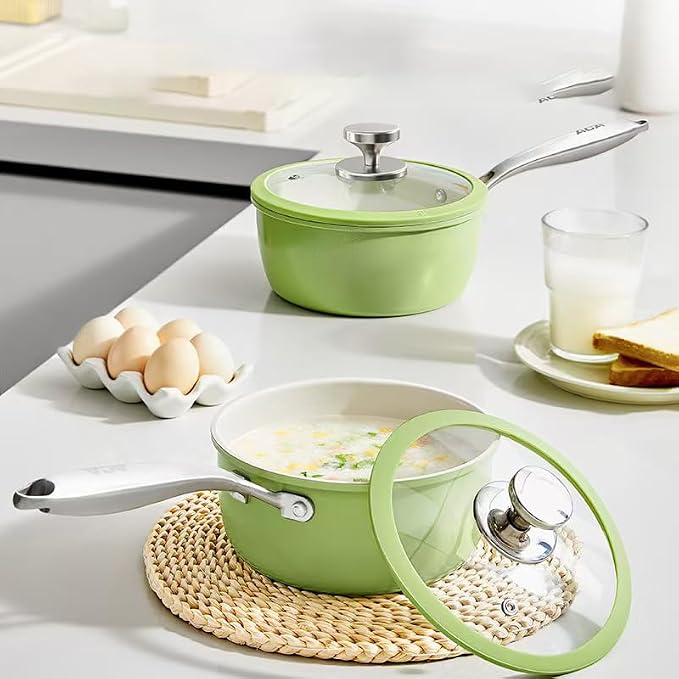 Nonstick Ceramic Saucepan with lid, Small Cooking Pot with handle, Induction Comptable (Green, 2.5 Quarts)