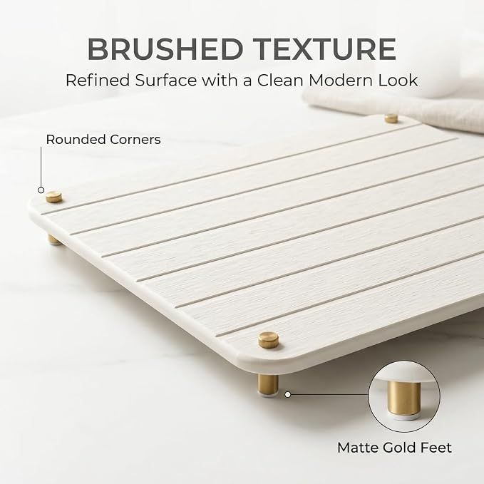 Stone Dish Drying Mat for Kitchen Counter, Water Absorbing Bathroom Tray Sink Organizer, Diatomaceous Earth Countertop Dish Rack Riser Sponge Holder Soap Dish, Gold White, 16" x 12"