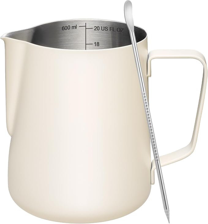 Amrules Milk Frothing Pitcher, 20oz Milk Frother Cup with Clear Scale, 304 Stainless Steel Cappuccino Espresso Machine Accessories for Barista Coffee Bar with Latte Art Pen, White