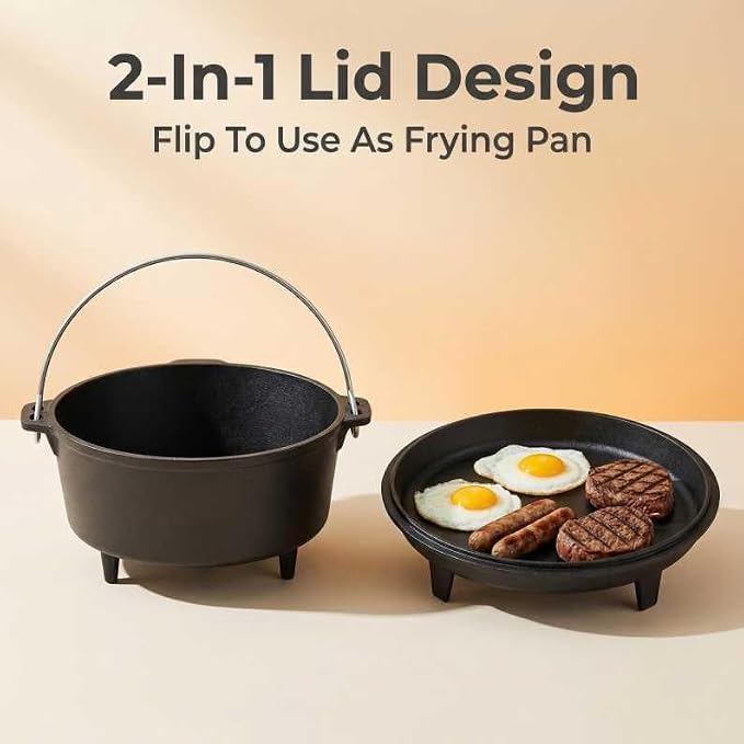 6.3qt Cast Iron Camping Dutch Oven,with 12inch Skillet Lid Outdoor Dutch Oven,Includes Claw Foot kazan for Baking,Braising,Campfire Cooking