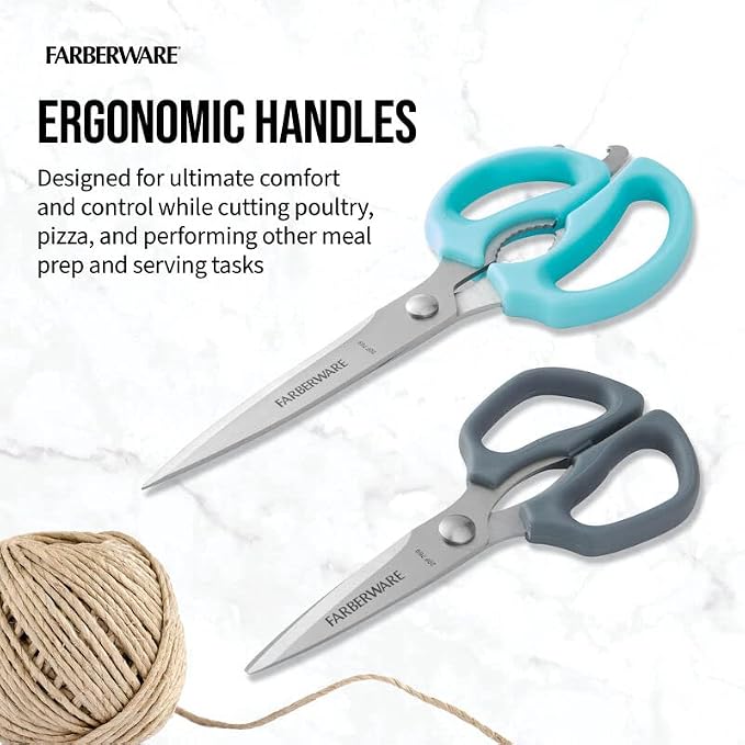 Farberware Comfort Grip Kitchen Scissors, 2 Pack, Aqua and Gray