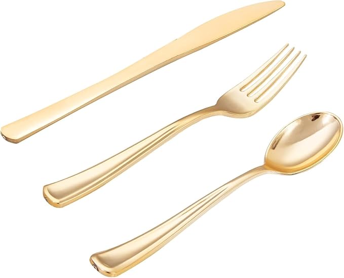500PCS Gold Plastic Silverware Set Disposable - Gold Cutlery Set Plastic - 250Forks, 125 Spoons, 125 Knives for Party/Baby Shower/Wedding