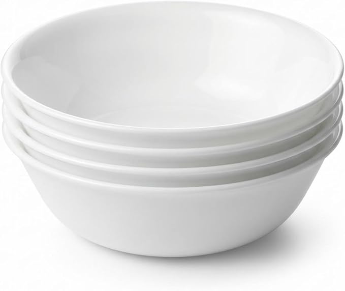 Corelle 4-Pc Meal Bowls Set Service for 4, Durable and Eco-Friendly 9-1/4-Inch Glass Bowls, Compact Stack Bowl Set, Microwave and Dishwasher Safe, White, 46 Ounces