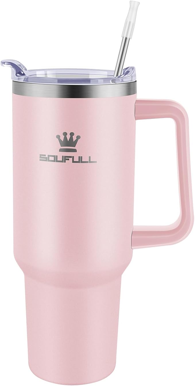 Soufull 40 oz Tumbler with Handle and Straw Lid, 100% Leak-proof, Pink | Stainless Steel Insulated Travel Coffee Cup, Keeps Cold 34Hrs or Hot 10Hrs, Dishwasher Safe