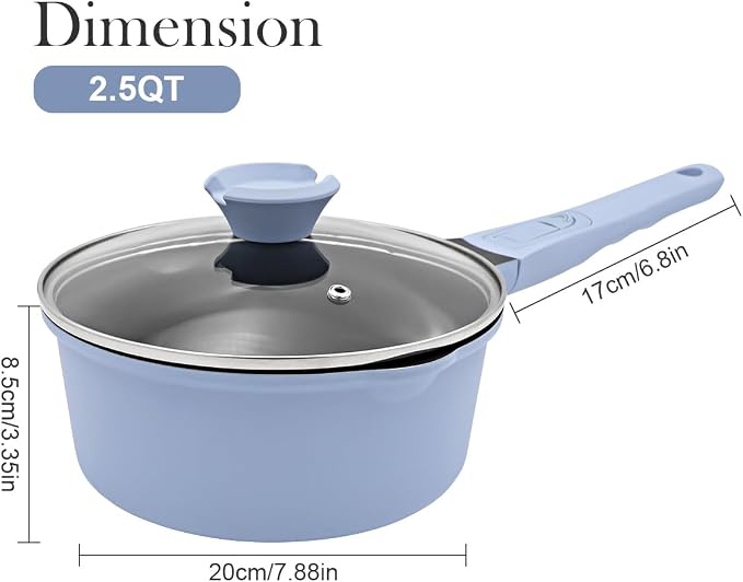 2.5 Qt Nonstick Sauce Pan with Lid, Sauce Pot with Pour Spout, Blue | Detachable Handle, Suitable for All Stoves, Including Induction, Oven Safe, PTFE & PFAS & PFOA Free