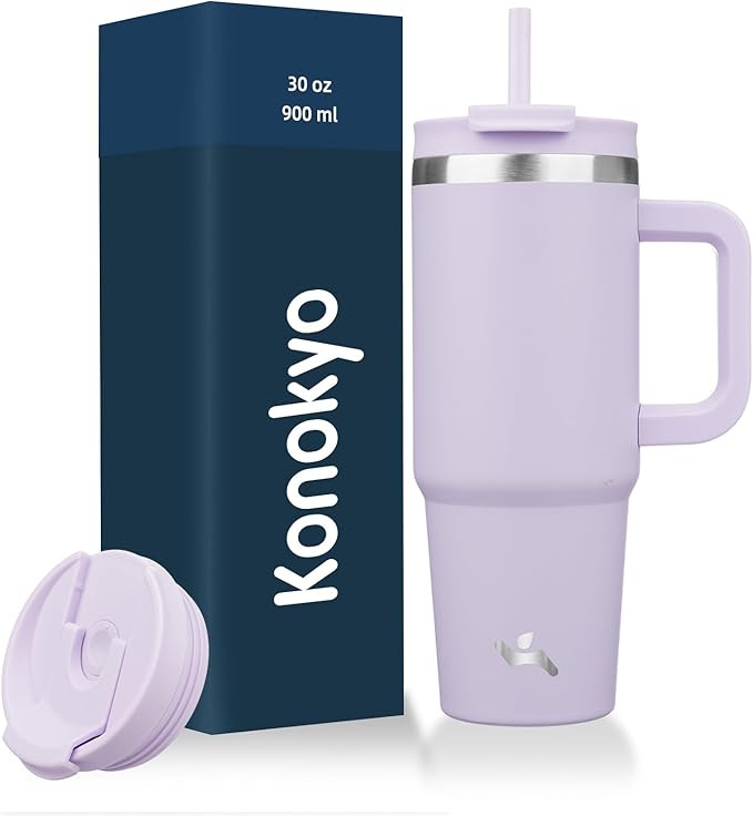 Konokyo 30 oz Insulated Tumbler Water Bottle with Handle, Straw Lid | BPA-free and dishwasher safe; made for gym, travel, coffee and gifting, 2 straws, cup holder friendly,Wisteria