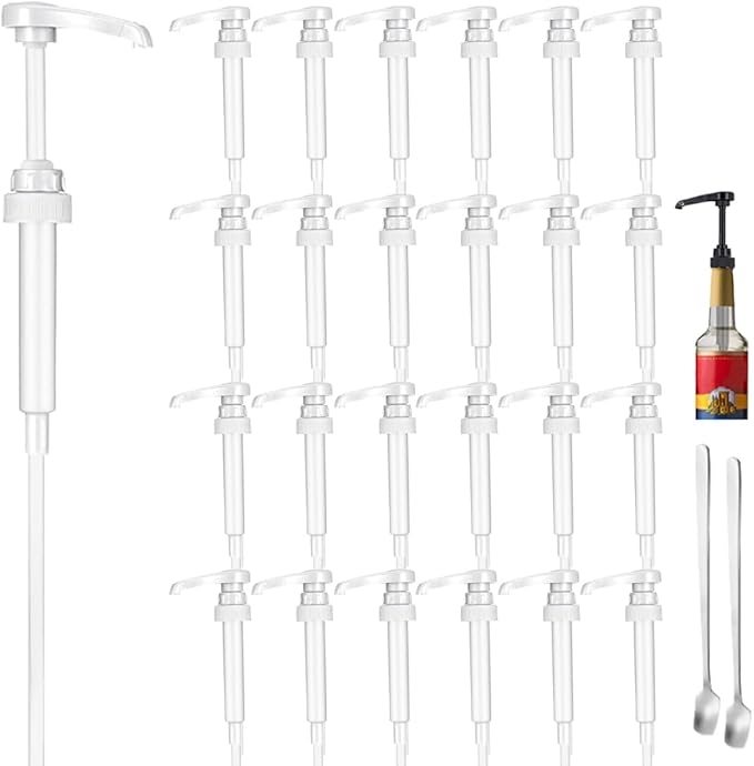 25 Pcs White Coffee Syrup Pump Compatible with 25.4Oz/750ml Bottles | Syrup Dispenser Pumps, Great for Home & Coffee Bar, Drinking Mixes, Tea, Beverage, Cocktails, Syrup Bottles, Plus Spoons