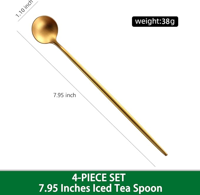 7.95 Inches Matte Gold Stainless Steel Iced Tea Spoons,Set Of 4 SS18/10 Cocktail Stirring Spoons,Long Handle Ice Teaspoons For Mixing,Coffee Stirrers,Ice Cream Spoon