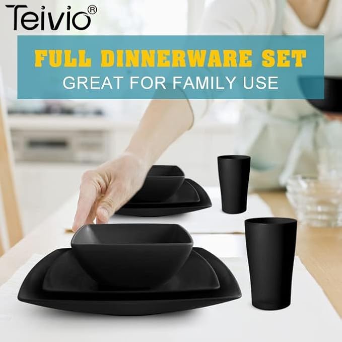 Teivio 32-piece Plastic Wheat Straw Square Dinnerware Set for 8, Unbreakable Dinner Plates, Salad Plates, Snack Bowls, Tumblers, Dishwasher Safe, Outdoor Kitchen Dinning RV Essentials Dish, Black