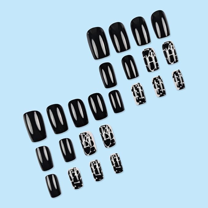 24Pcs Black Press on Nails Short Square Fake Nails WLGDLH Summer False Nails Press ons Nail Kit with Leopard Print Design Glossy Glue on Nails Full Cover Stick on Nail for Women Manicure