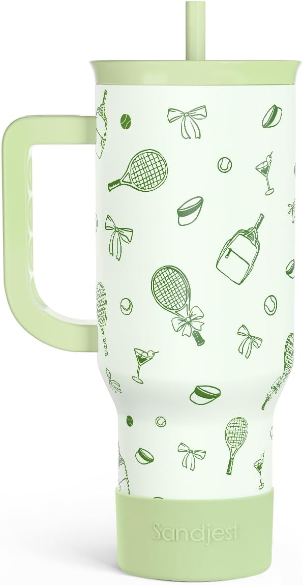 SANDJEST Tennis 40oz Tumbler With Handle and Straw, Insulated Stainless Steel Travel Coffee Mug for Women Girls Tennis Players, Gift Idea for Birthday Christmas Mothers Day