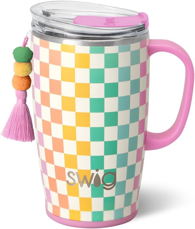 Swig Life 18oz Insulated Travel Mug with Handle & Lid, Check Mate | Triple Insulated Stainless Steel - Handle & Lid Included - Keeps Coffee Hot or Cold - Cup Holder Friendly