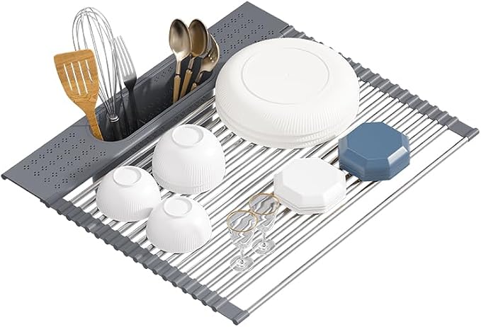 Roll Up Dish Drying Rack Over Sink, 20" X 15.2" Foldable SUS304 Stainless Steel Kitchen Dish Drainer, Heat-Resistant Multipurpose Rolling Sink Rack Organizer, Grey