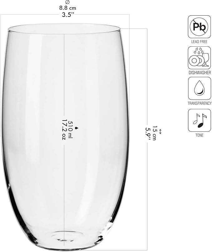 Krosno Water Glasses Set of 6, 17.2 oz, Blended Collection | Drinking Glasses, Lead-Free Crystal Glassware, Juice Glasses, Water Glass Set, Dishwasher Safe, Made in Europe