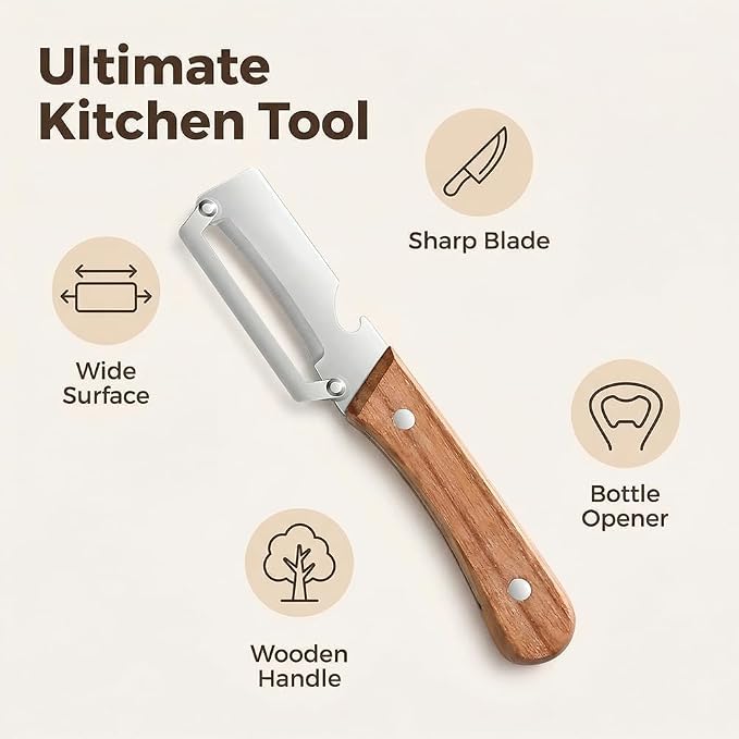 2026 Multi-Functional Vegetable Peeler fo Kitchen: 2 in 1 Stainless Steel Peeler with Wooden Handle and Bottle Opener - Peelers for Potato Pumpkin Papaya Zucchini (1)