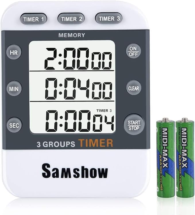 Samshow Digital Kitchen Timer, 3 Channels | Count UP/Down, Large Display, Adjustable Volume Alarm, Magnetic Back, Stand, Battery Included
