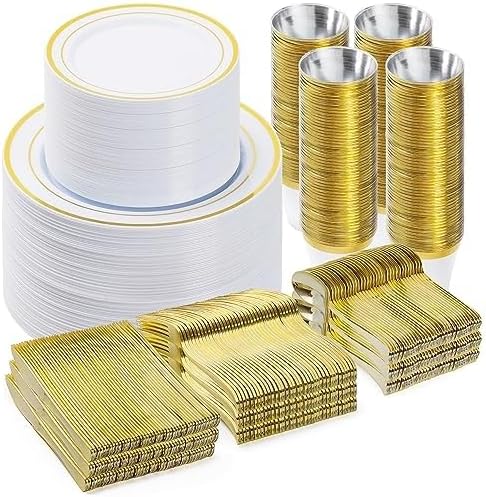 BESTVIP 600PCS Gold Dinnerware Set for 100 Guests, Plastic Plates for Party, 100 Gold Disposable Plates, 100 Dessert Plates, 100 Cups, 100 Spoons, 100 Forks and 100 Knives | for Party, 100 Gold Disposable Plates, 100 Dessert Plates, 100 Cups, 100 Spoon...