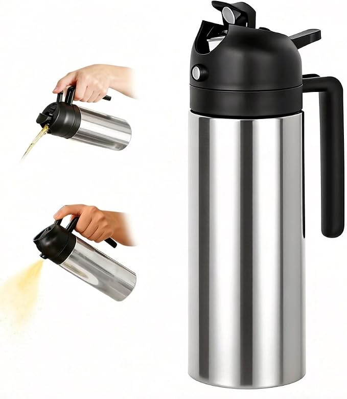 moniko Olive Oil Sprayer for Cooking, Olive Oil Dispenser Bottle, Stainless | Reusable, 16oz, 2-in-1 Even Spray & Silky Pour, Olive Oil Mister Spray Bottle for Cooking, Air Fryer, BBQ, Salad, Baking