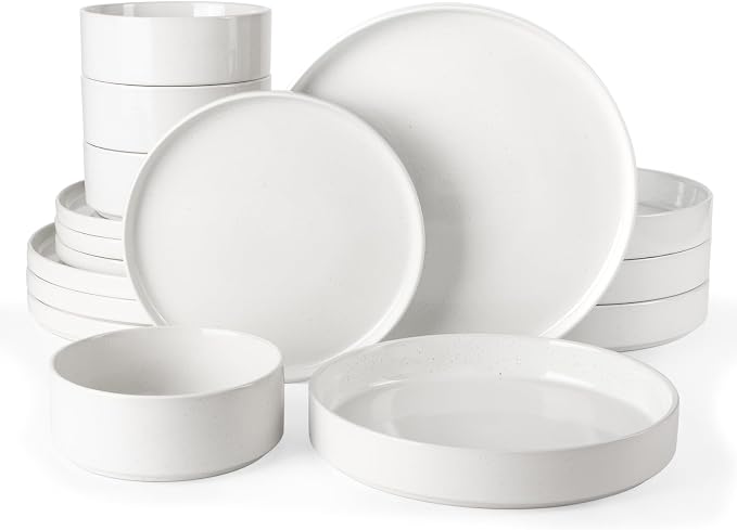 Famiware Nebula 16-Piece Dinnerware Set with Pasta Bowls, White | Stoneware Plates and Bowls, Service for 4 - Chip & Scratch Resistant, Microwave & Dishwasher Safe