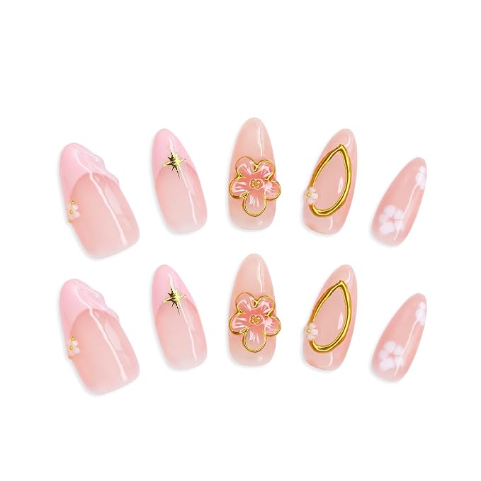 Handmade Press on Nails Medium Almond Fake Nails with 3D Gold Embossed & Flower Design Salon Quality Thickened Acrylic False Nail Full Cover Pink French Tips Stick on Nail for Women（Size S）