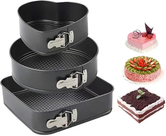 Kitchen Tool Cake Baking Supplies Non-stick Removable Bottom Springform Cake Pan TinBaking Heart shaped cake pans Leak proof and high temperature resistant Square roud Heart cake Pans Set of 3