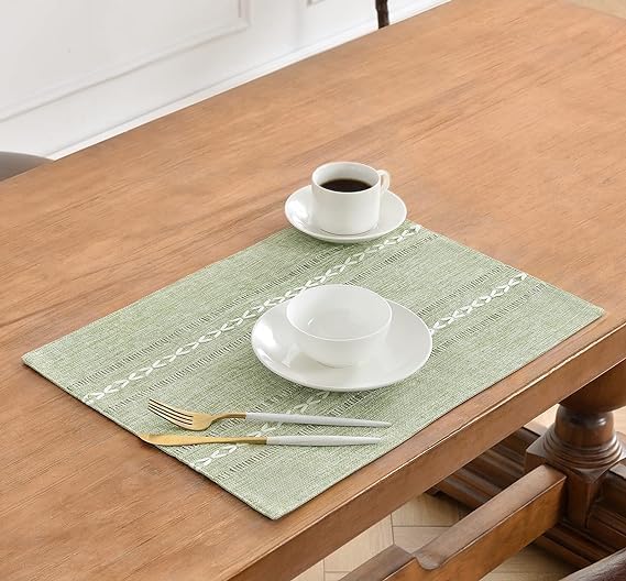 Wracra Cotton Linen Place Mats, Sage Green Embroidered Placemats Set of 6 | Placemats 12 x 18 Inch; Cotton Linen Woven Fabric; Heat Resistant Table Mats; Raised Embroidered Hollow Design