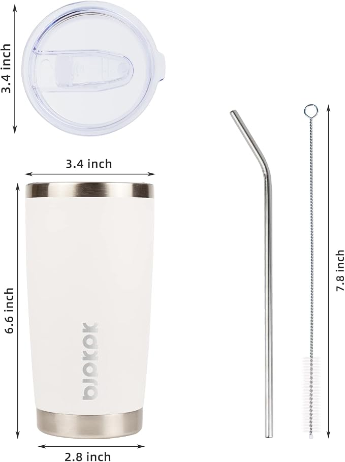 BJPKPK 20 oz Coffee Tumbler with Lid, Straw, Insulated Stainless Steel Mug | Double Wall Vacuum, Keeps Hot/Cold, BPA Free, Leak Proof, Iced Coffee Cup Fit Car Holder, Travel & Beach Ready, White