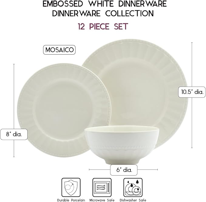 Tabletops Gallery Embossed Bone White Porcelain Round Dinnerware Collection- Chip Resistant Scratch Resistant, Mosaico 12 Piece Dinnerware Set (Dinner Plate, Salad Plate, Cereal Bowl)