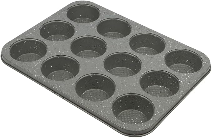 David Burke 12-Cup Muffin Pan, Carbon Steel, PFTE & PFOA Free, Oven Safe, Diamond Textured Surface – Gray Speckle