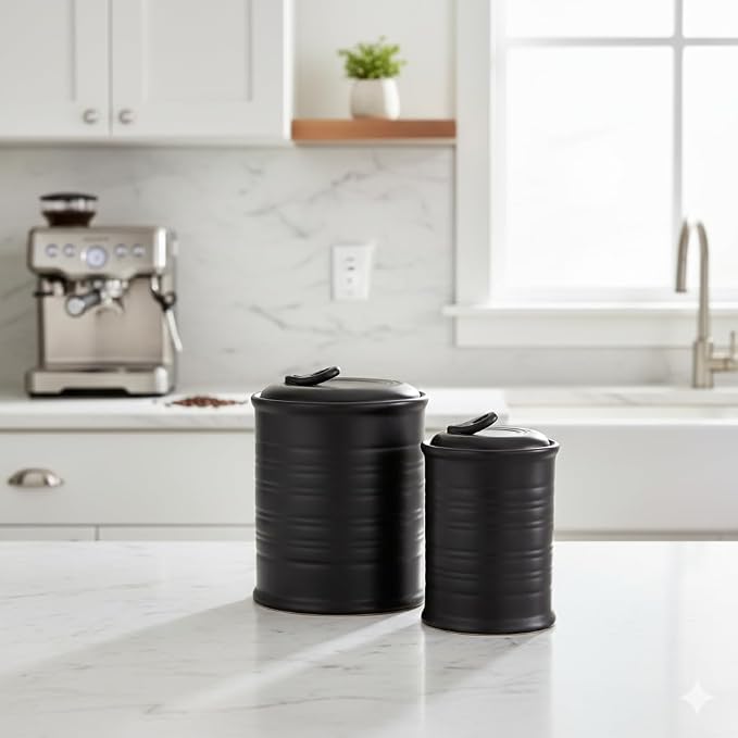 Nihow Food Storage Jar,Ceramic Canister Sets for The Kitchen,Set of 4,Black | Air Tight Lid,Seal Damp-proof,For Flour/Sugar/Rice/Coffee/Cookies/Candy,Kitchen Counter Canister