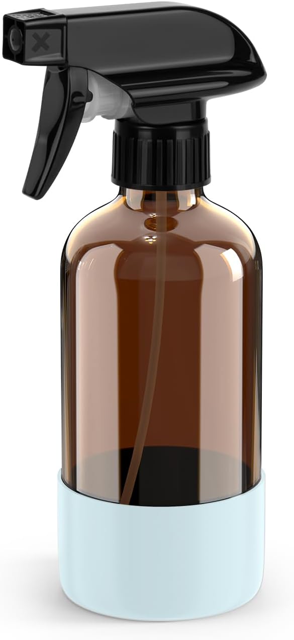 Bontip Amber Glass Spray Bottle, 8 oz with Blue Silicone Sleeve, 1 Pack | Refillable amber glass bottle, With protective silicone sleeve, BPA-free, UV shielding, Great for cleaning solutions,plants