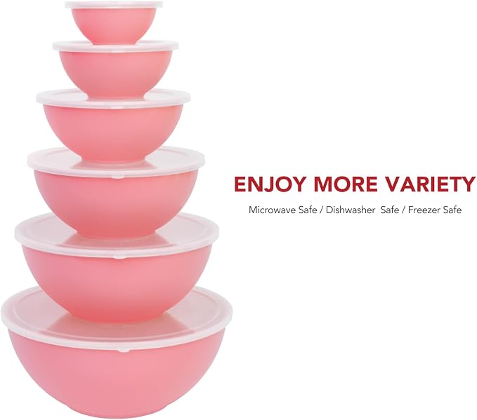 BoxedHome BPA Free Plastic Round Mixing Bowl with Lids, 12 Pack Nesting Bowls with Lids Set, Microwave and Dishwasher Safe Prep & Serving Bowls Great for Mixing, Baking, Serving (Pink, 12pcs)