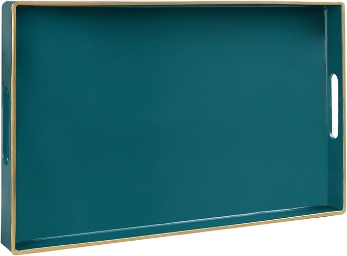 Teal Decorative Tray for Coffee Table, Serving Tray with Handles | Plastic Melamine Tray, Modern Ottoman Tray, Rectangular Countertop Organizer Tray for Living Room, 15.8"L x 10.2"W x 1.4"H