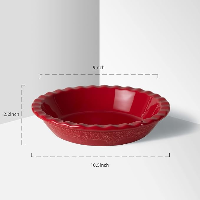 Pie Pan, 9 Inch Ceramic Pie Dish, Deep Dish Pie Pan with Lace Emboss, Ruffled Pie Plate for Baking, Thanksgiving Christmas Gifts, Set of 2, Red