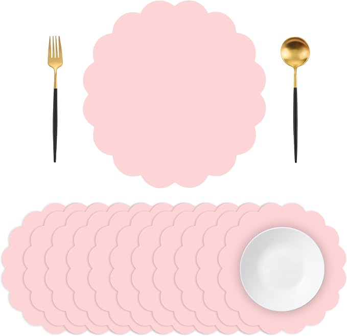 50 Pcs Light Pink Paper Placemats, Disposable Scalloped Placemat Decorative Placemats for Birthday Wedding Baby Shower Banquet Tea Party,13.5 Inch