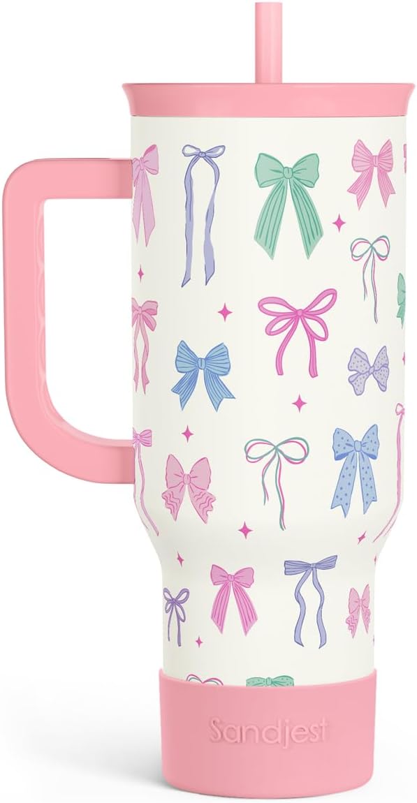SANDJEST Bow 40oz Tumbler With Handle and Straw, Insulated Stainless Steel Travel Coffee Mug for Women Girls Bow Lovers, Gift Idea for Birthday Christmas Mothers Day