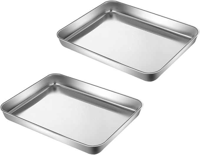 Stainless Steel 304 Baking Sheet Pans 9.3" Cookie Tray Food Serving | Extra Small 1/8 Pan, 2Pack, Deep Tiny Toaster Oven Pan, Dishwasher Safe, No Rust, Reheat Food, 1~2 Person, 9.3 x 6.9 x1.1"